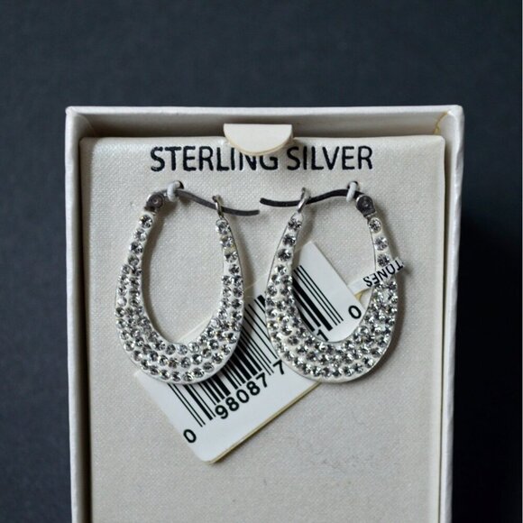 Sterling Silver .925 Polished Oval Hoop Clear Precioza Stones Earrings New - Picture 2 of 3
